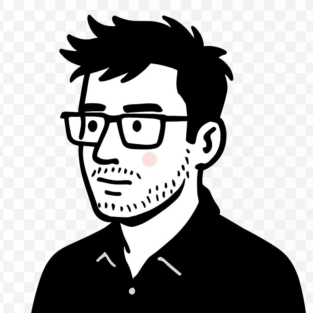 An intellectual man with rectangular glasses, messy windswept hair, and a subtle short beard, looking slightly to the side emoji