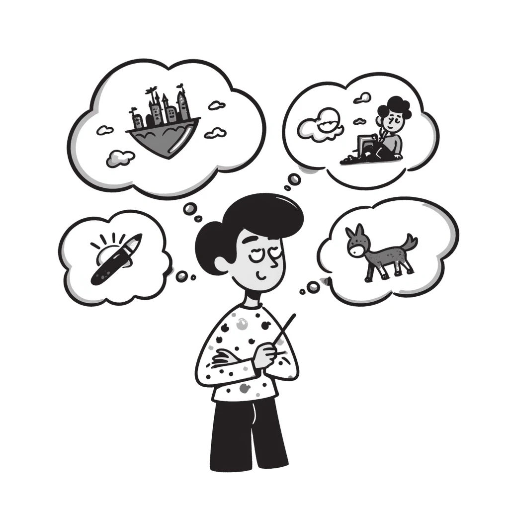 Creative artist with wild imagination visualized with thought bubbles showing artistic ideas emoji