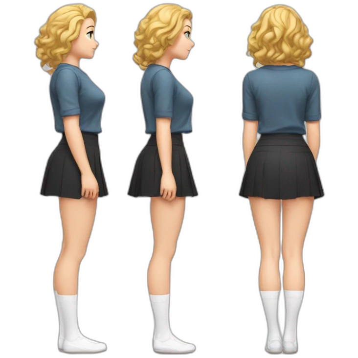 full-body-caucasian-curvy-beauty-кланяется-short-black-skirt-back-and-front-views-strong-wind-knickers-long-white-socks emoji