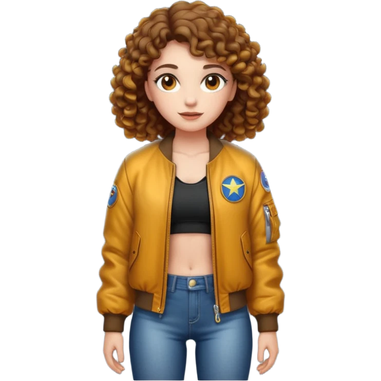 full body woman short curly brown mullet brown eyes white skin muscular build firefly bomber jacket emoji