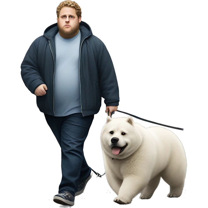 Fat jonah hill walking a white bear dog on a leash  emoji