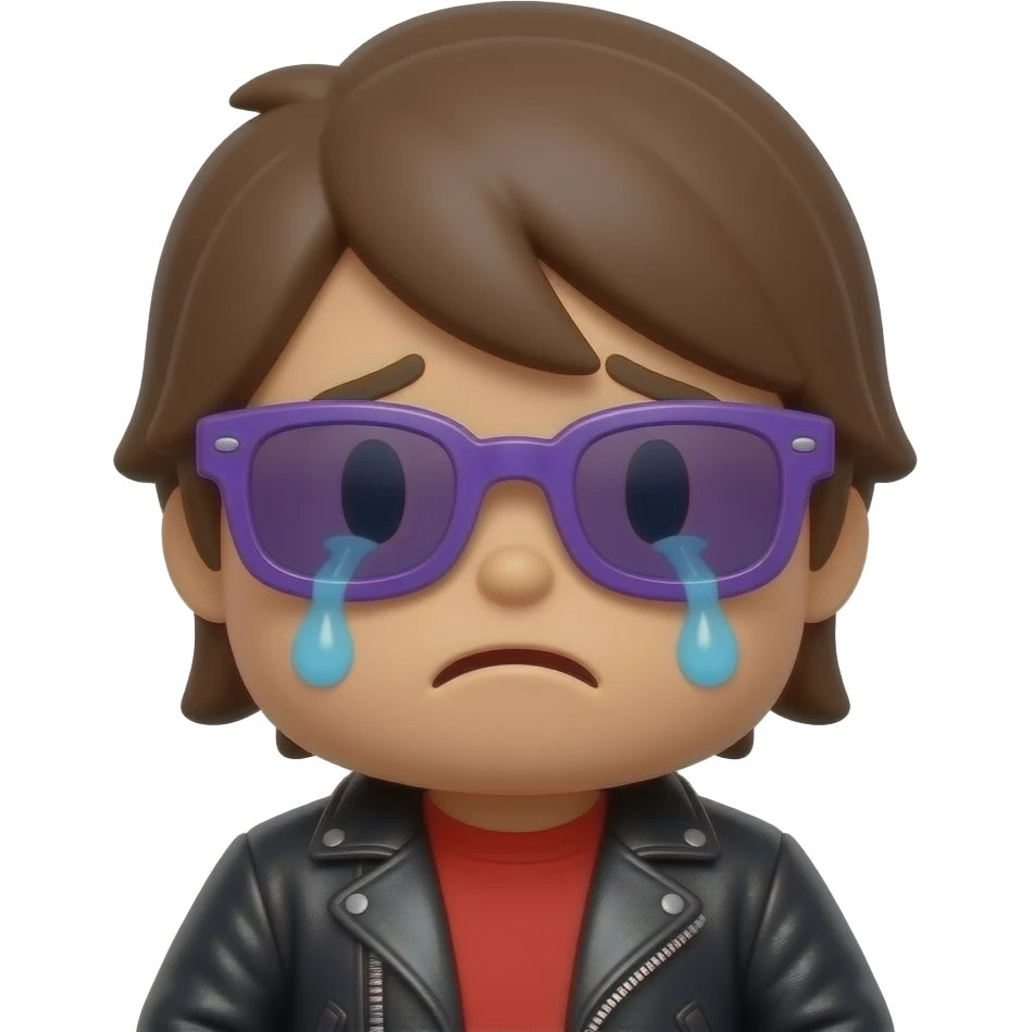 Crying Roblox POCOYO boy avatar emoji, brown hair, purple sunglasses, black leather jacket, red shirt with... emoji