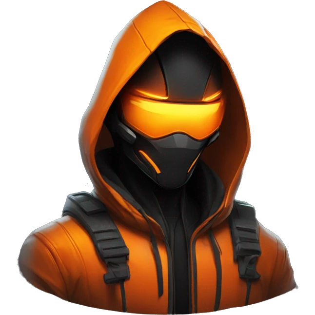  developer behind his laptop with this style : crysis Cyberpunk Valorant orange glowing bright orange character orange black hooded assassin themed character emoji