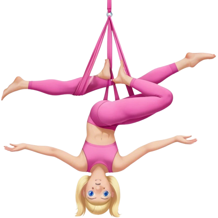 Blonde girl with blue eyes in pink workout clothes doing aerial yoga emoji