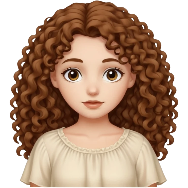 aesthetic white girl with medium brown long curly hair and black eyes  , cream flowy top emoji
