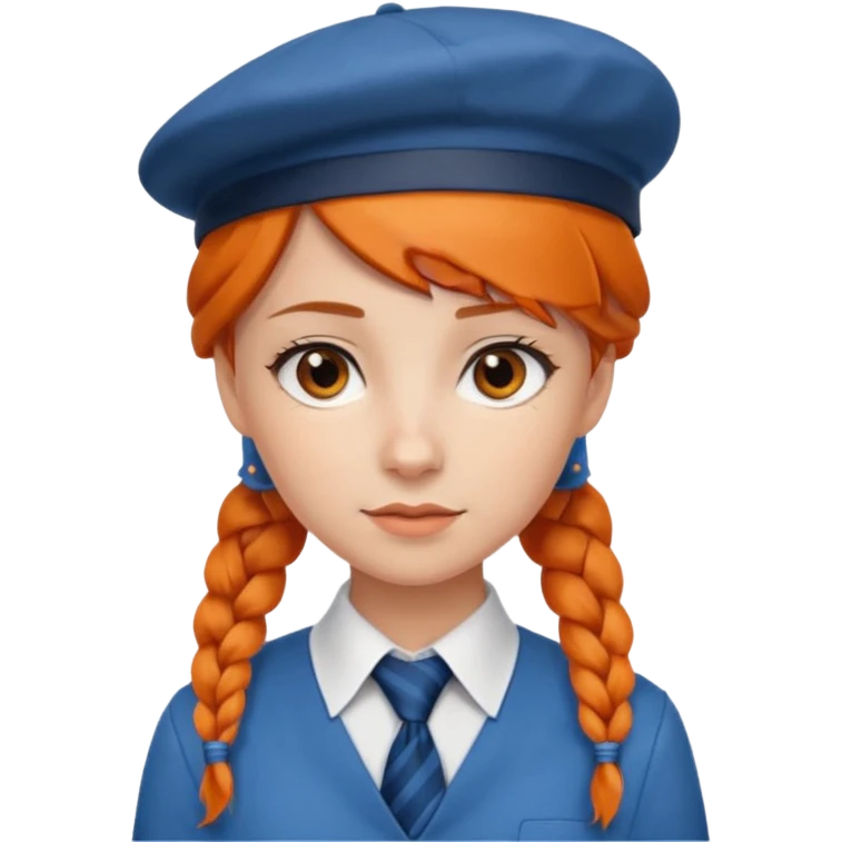 orange braided hair girl, wearing white shir, a brown berret Hat, Blue Necktie emoji