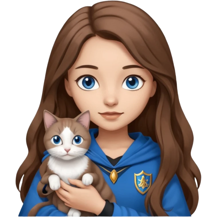 gorgeous Girl with light skin, blue eyes, long brown hair, wears a ravenclaw outfit, with a grey and white cat holding in her arms emoji