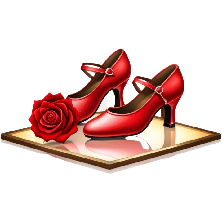 Icon for Ballroom Dancing: a pair of ballroom dance shoes, a rose, a dance floor, and a shining spotlight. The icon should represent the elegance and atmosphere of ballroom dancing, focusing on the tools and setting of the dance. Transparent background. emoji