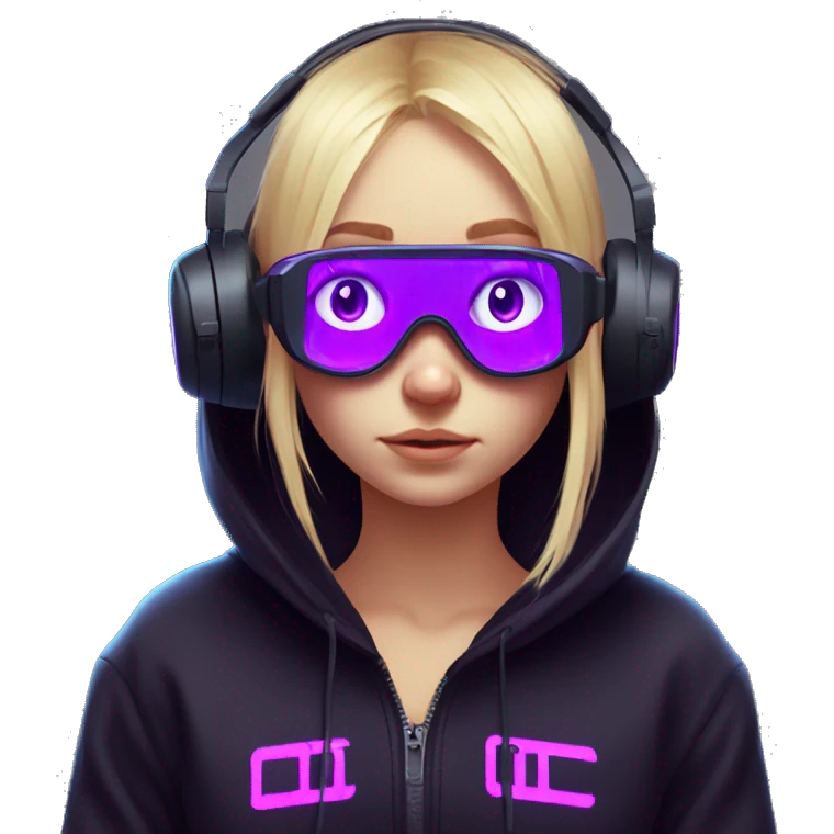 Russian cute blond student girl wearing black hoody with violet letters "OMG", in vr headset. No eyes. Cyberpunk style. Violet neon. emoji