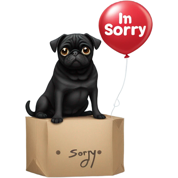 Black pug  and a ballon that says  “I’m sorry” emoji
