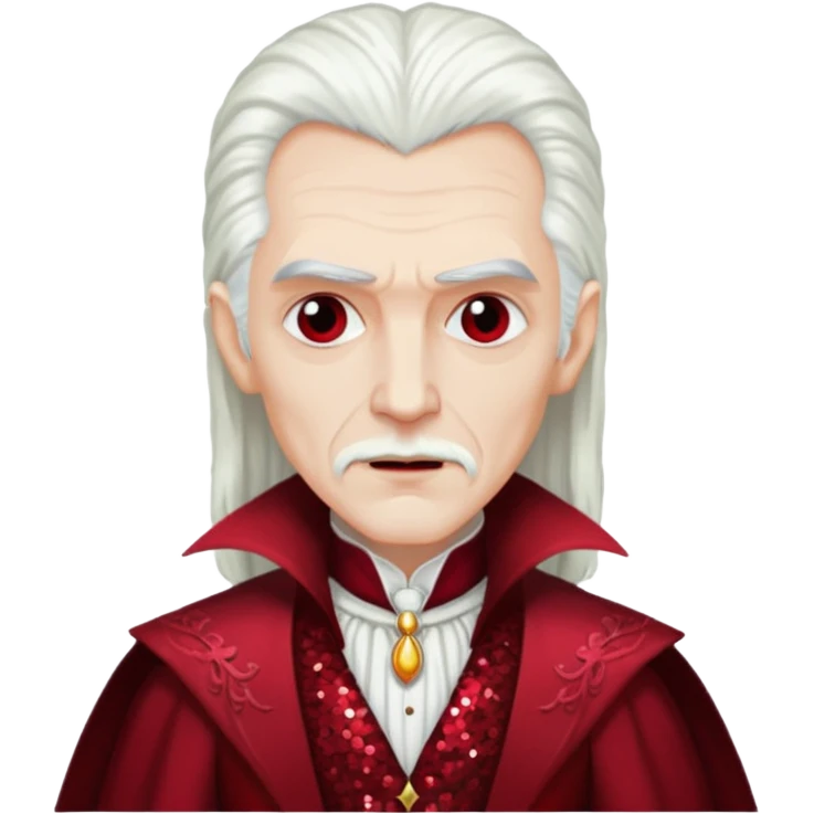Dracula with long white hair, dark red sequin outfit emoji