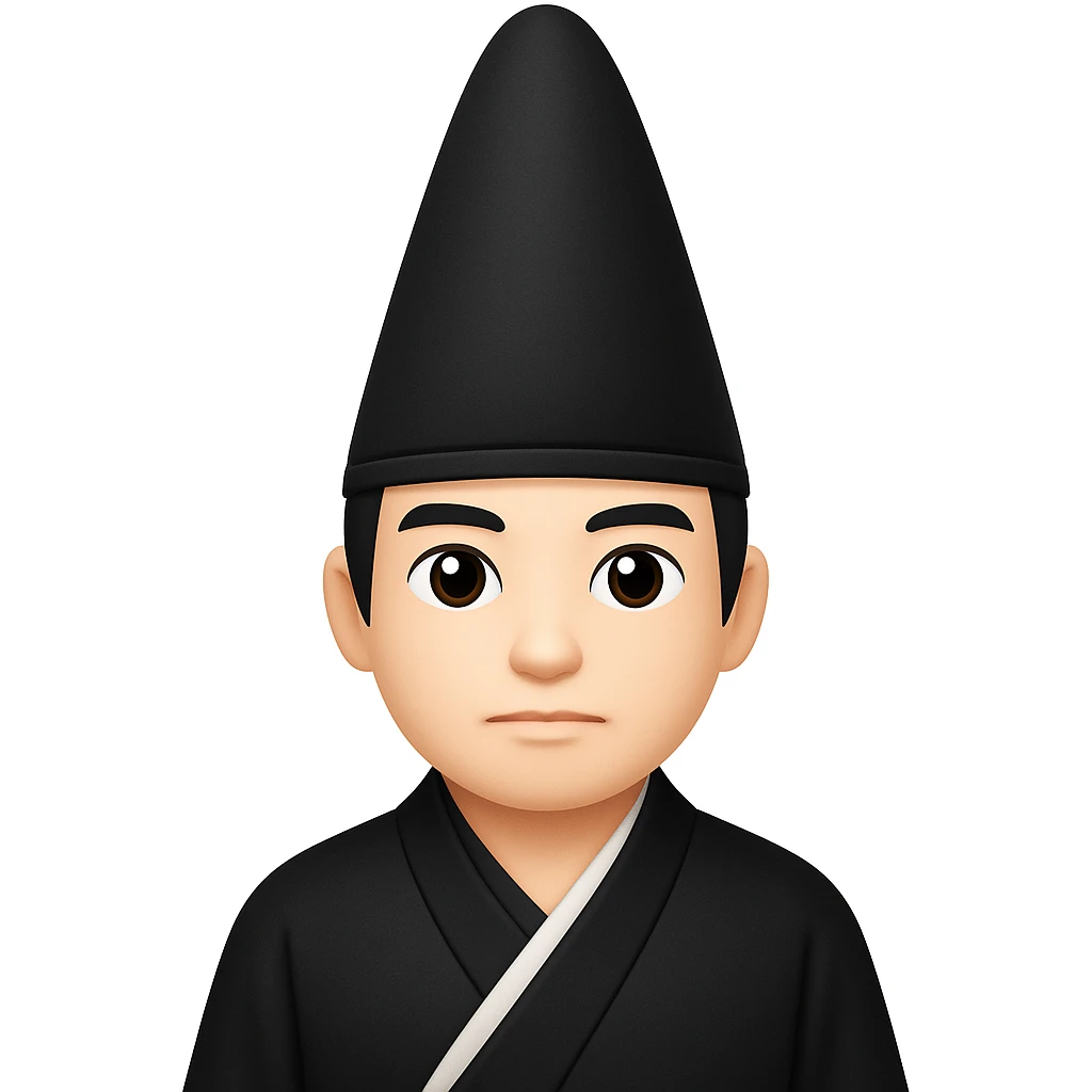 Make the eboshi hat much taller, keeping the shogun in a long black kimono, in the style of emoji style emojis. The style should resemble apple style emojis with concise details. emoji