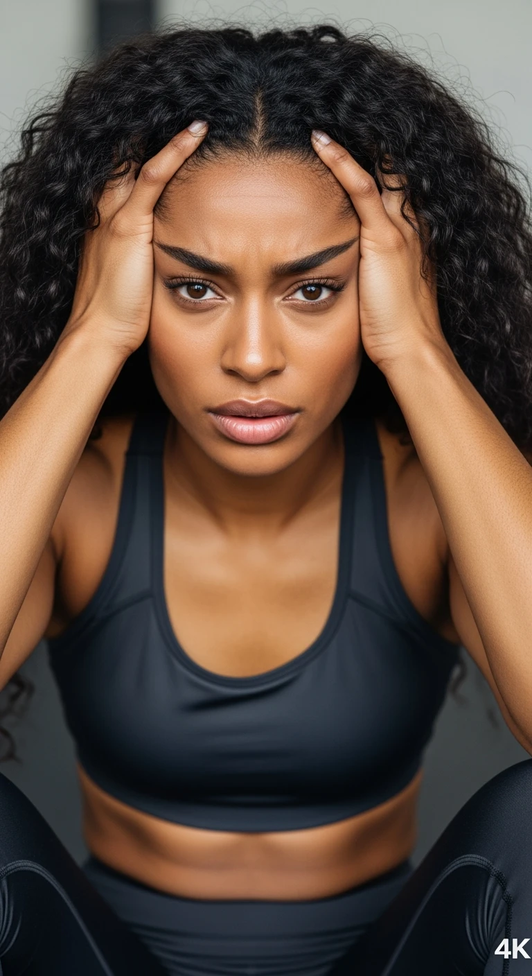 DONNA FITNESS STRESSATA CHE SI TIENE LE MANI SULLA FRONTE, IPERREALISTICA 4K emoji