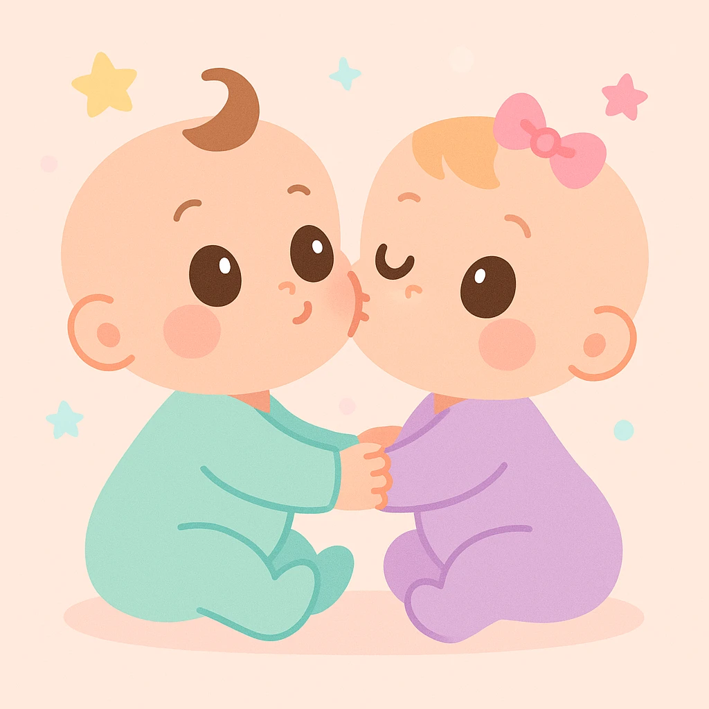 two cartoon babies kissing, playful and cute, pastel colors emoji