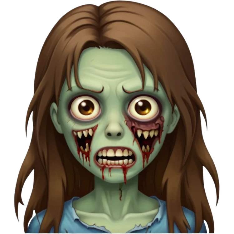 Girl zombie with brown long hair with teeth and serious face IOS style emoji