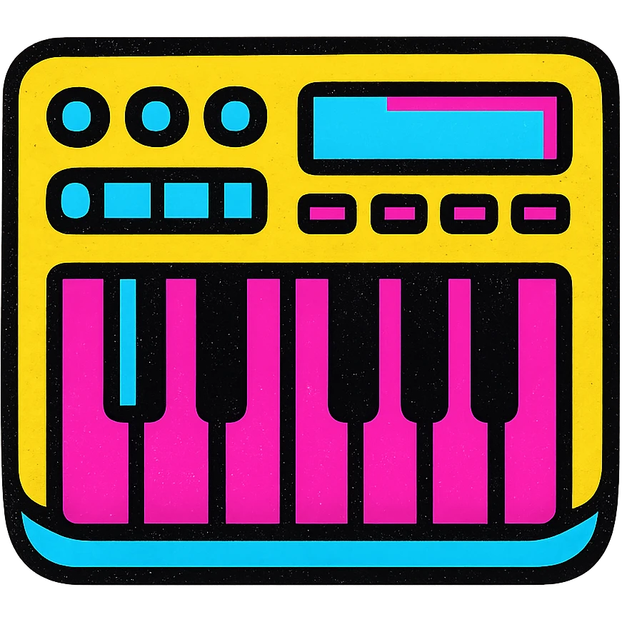 A MIDI keyboard in Pop Colors style, vibrant and colorful, with a retro feel, bright neon colors, bold outlines, and a playful design. emoji