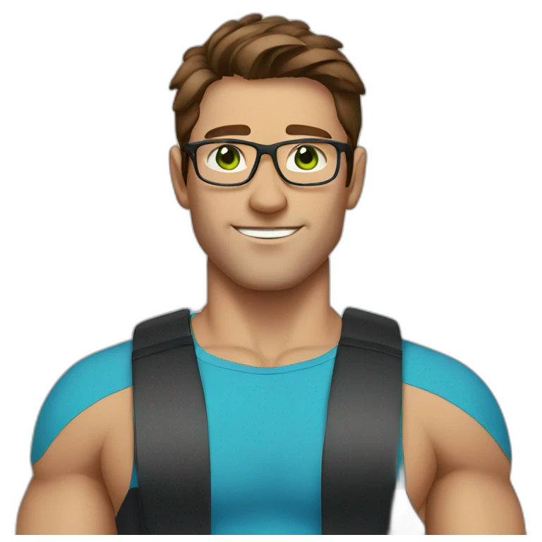 male, brown hair, green eyes, glasses, blue shirt, gym workout emoji