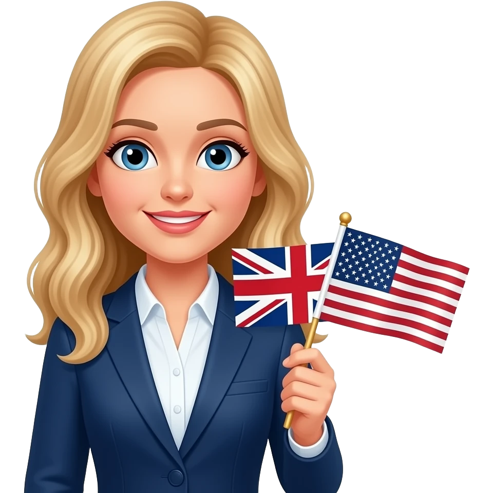 a teacher with long wavy blond hair with the british and the usa flag in the right hand emoji