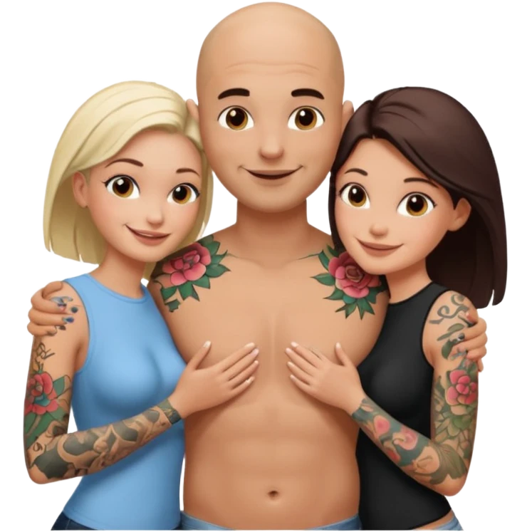 throuple tattooed sleeves bbald male with topless naked big boobed brunette and topless naked big boobed blonde girlfriends  lovingl  and sexy polygamy hott emoji