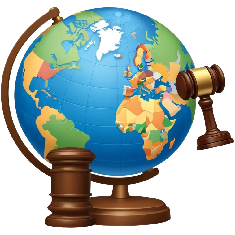 An icon featuring a globe with a gavel and a political map, symbolizing political science. The design includes a ballot box and a podium, representing democracy and governance. Transparent background highlights the study of political systems and global relations. emoji