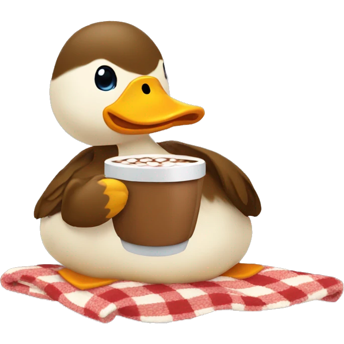 Duck with a cup of hot cocoa and a blanket around the ducks body emoji