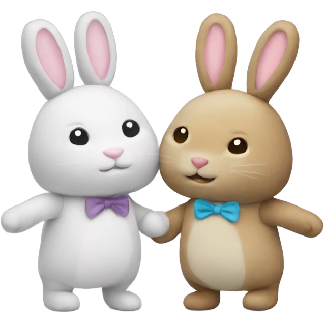 2 plush bunnies holding hands. One male one female emoji
