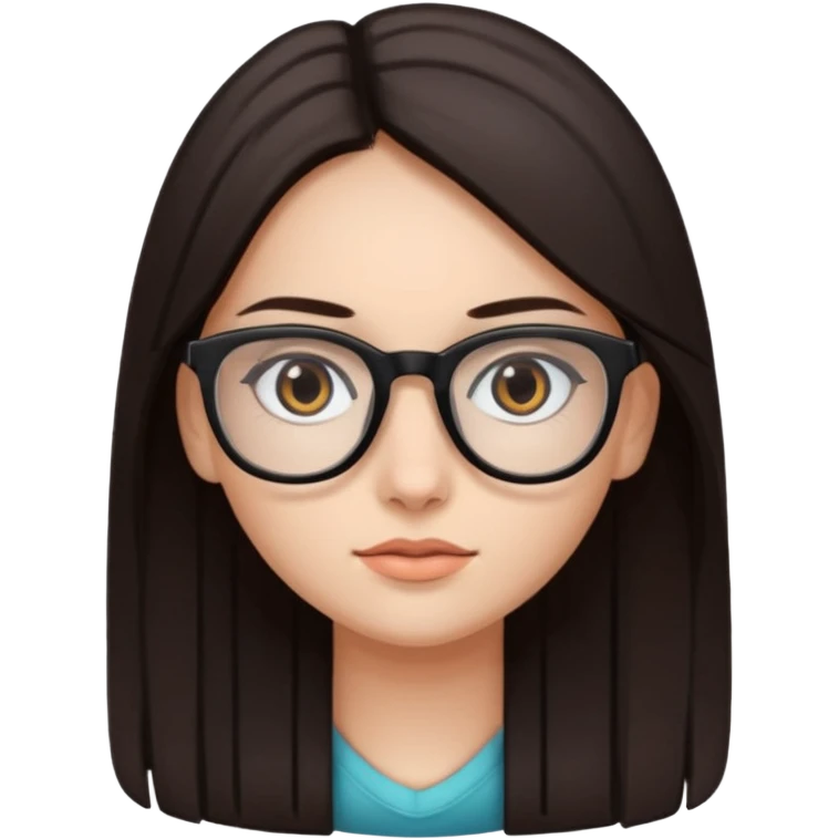 A girl with fair skin and dark brown eyes. Long, straight, dark brown hair. Black prescription glasses. emoji