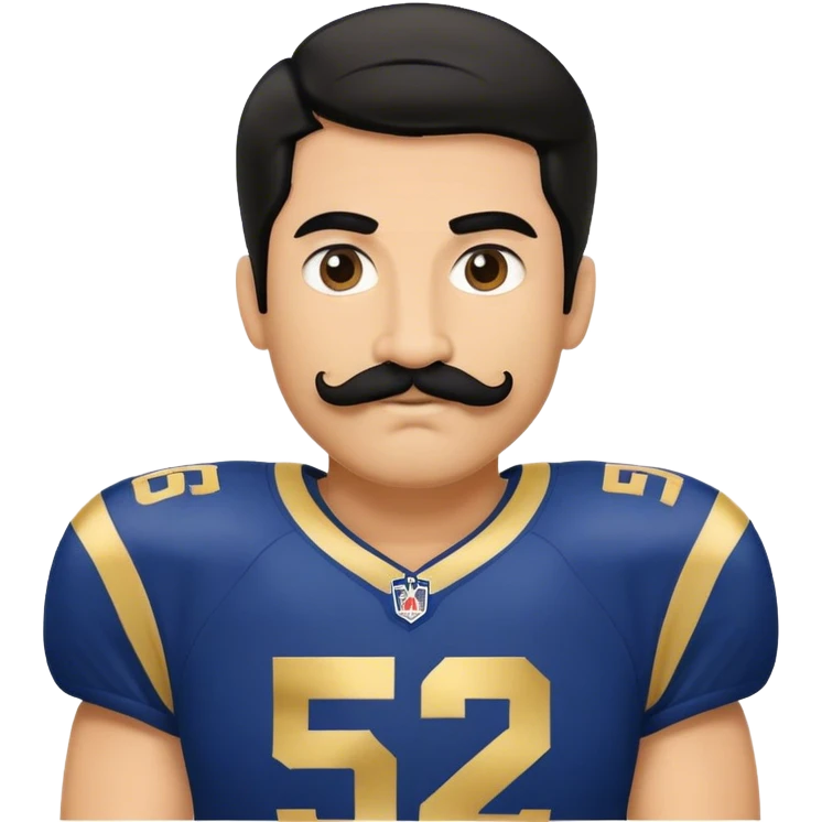 Chill guy in LA Rams jersey  with nu.ber 52. Black hair black mustache  emoji