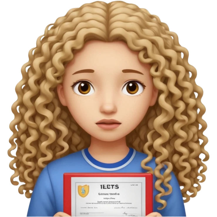 A girl with long curly hair sadly shows an IELTS certificate with a score of 3.0 emoji