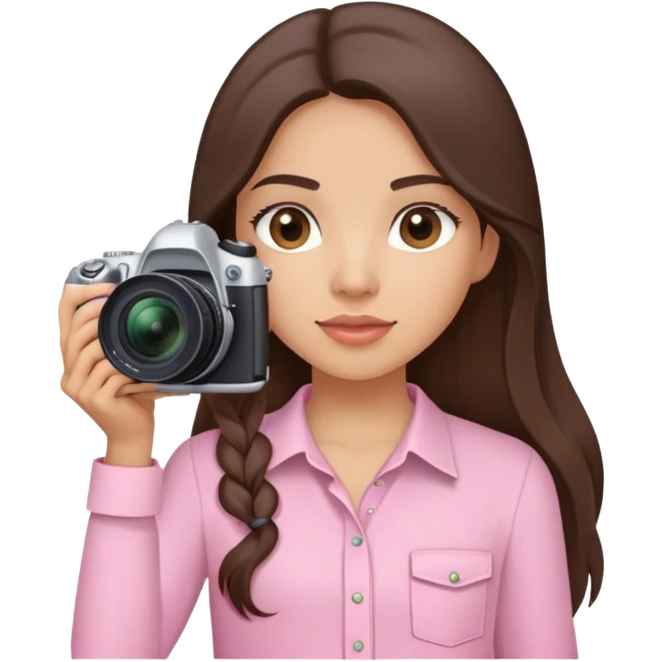 latin girl with long brunette hair light pink shirt and nikon camera emoji
