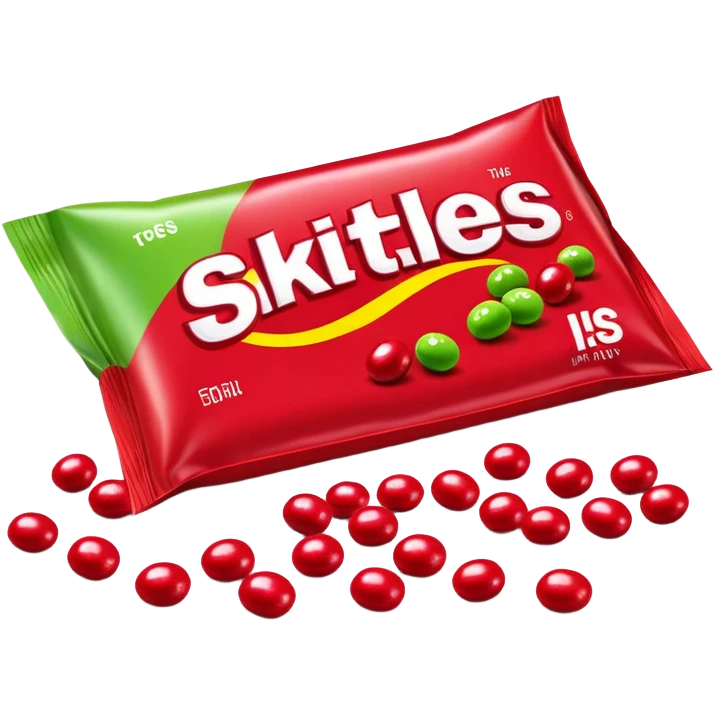 Red Skittles package with logo, the original red Skittles pack design, with only green Skittles candies spilling out emoji