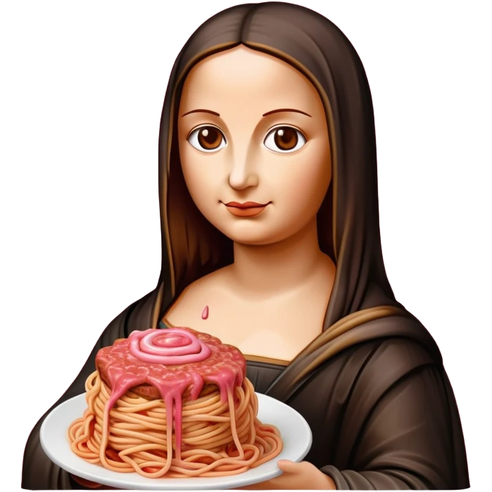 monalisa made of SPAM meat holding pink dripping sauce spaghetti portrait emoji