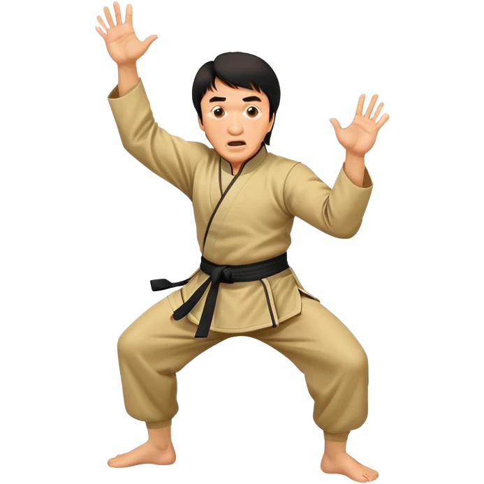 Jackie Chan in kung fu pose with his classic surprised expression, martial arts stance emoji
