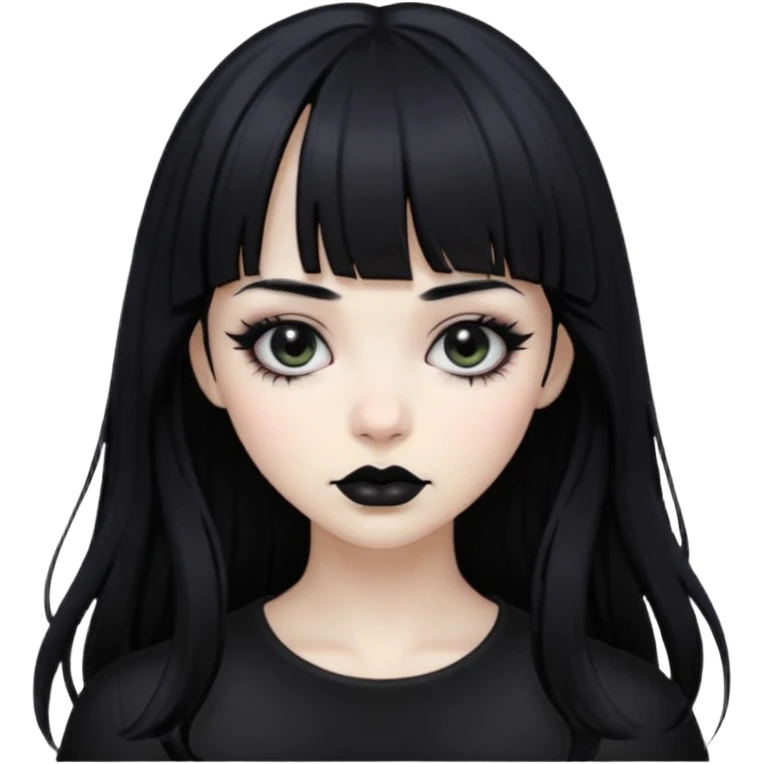 Gothic gir, black hair with bangs, slightly wavy, very long hair,long eyelashes, black eyes. emoji