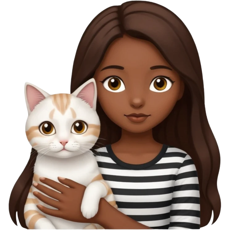 a dark-skinned girl with long brown hair, big brown eyes and a Scottish white cat with black stripes in her hands emoji