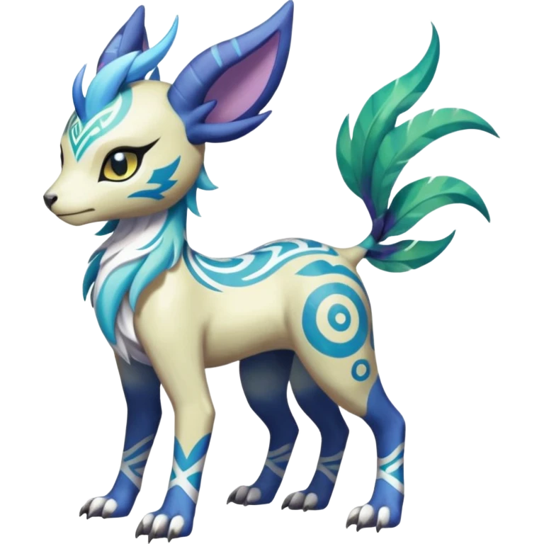 Tropical Tiny Marked Patterned Tribal Colorful Skilled Adept Graceful Asian Painted Garurumon-Meloetta-Absol-Suicune-Cobalion-fusion-hybrid-creature (full body) emoji