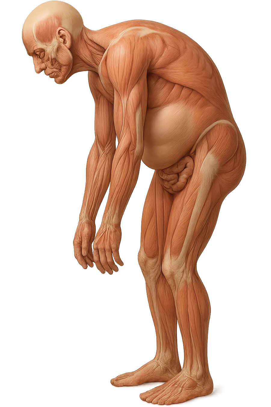 corpo umano anatomico realistico che si butta con la schiena e le spalle in avanti, pancia sporgente e postura delle spalle chiuse, isolato su sfondo bianco emoji