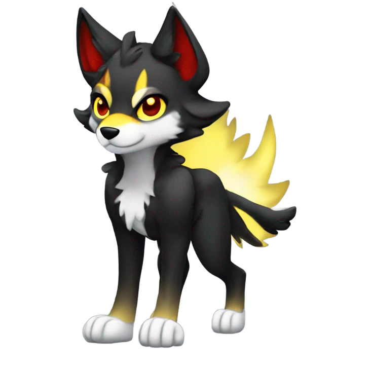 Anthro black Shiny Fionbri-Falvie-sparkle-wolf-sona with yellow eyes, red edgy markings full body emoji