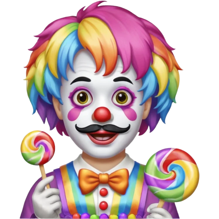 Funny clown — rainbow wig, mustache, candy in hand emoji