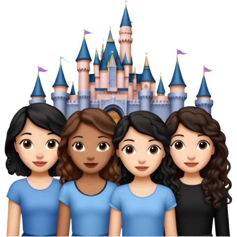 Quiero que crees una imagen donde este el castillo de Disney y por detrás o delante pon a 4 chicas: una con el pelo largo rizado marrón , otra con el pelo muy corto negro, como un chico, otra con el pelo mediano liso marrón y otra con el pelo negro largo liso  emoji