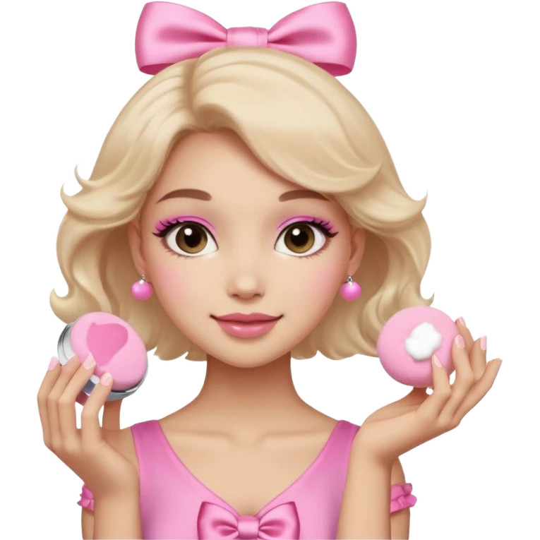 female face, light skin tone, small simple closed smile. One hand visible holding a round fluffy pink makeup powder puff pressed to the cheek; the puff has a small satin bow. emoji