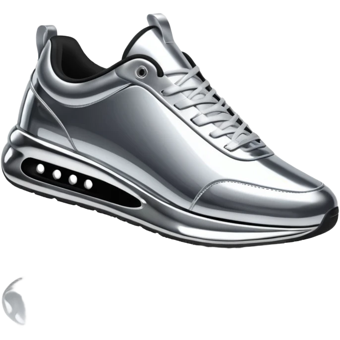 A pair of futuristic sneakers emoji made of silver chrome, sleek streetwear design, smooth metallic panels, subtle reflections, luxury swag aesthetic, iOS emoji style, centered, clean white background emoji