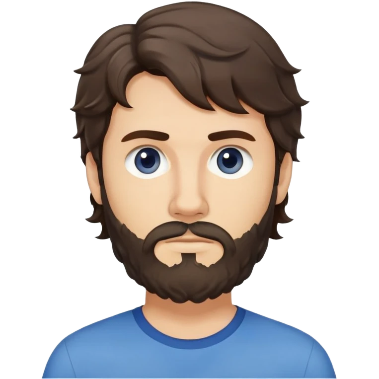 Caucasian man with wavy dark brown hair styled loose with wavy fringe, medium-length wavy hair, short full beard, neutral serious expression, simple blue shirt emoji