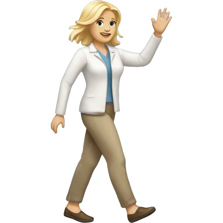 walking white woman, a blonde, friendly waving emoji