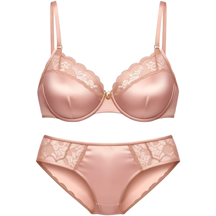 luxury emoji of lace lingerie set, silky fabric with delicate lace details, soft warm lighting, pastel pink and nude colors, no body, only the bra and panties, 3d glossy icon style, on a plain light background emoji