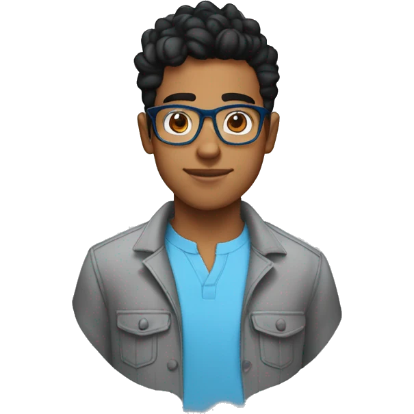 23 year old, brown man, black hair taper fade haircut, clear glasses, wide head, blue shirt emoji
