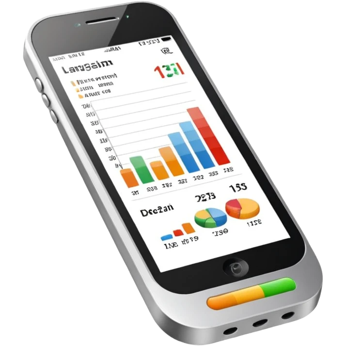 Photorealistic emoji of a compact device (handheld scanner) made of matte metal and glass. The bright, slightly reflective screen shows small colored bar charts/heatmap icons and language codes (EN, DE, 中文, العربية) plus a tiny analytics chart.  emoji