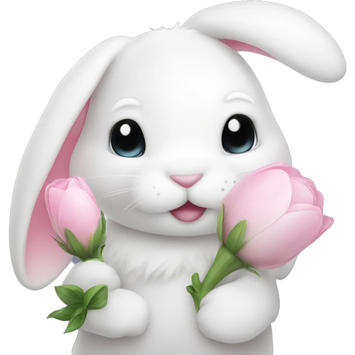 cute white bunny holding light pink pion emoji