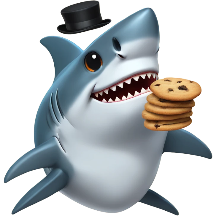 Shark eating cookies while wearing a top hat emoji