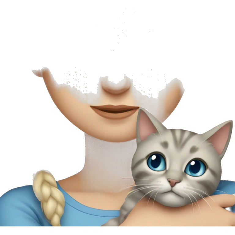 Blonde girl with blue eyes hugging a tabby grey-beige long-hair cat  emoji